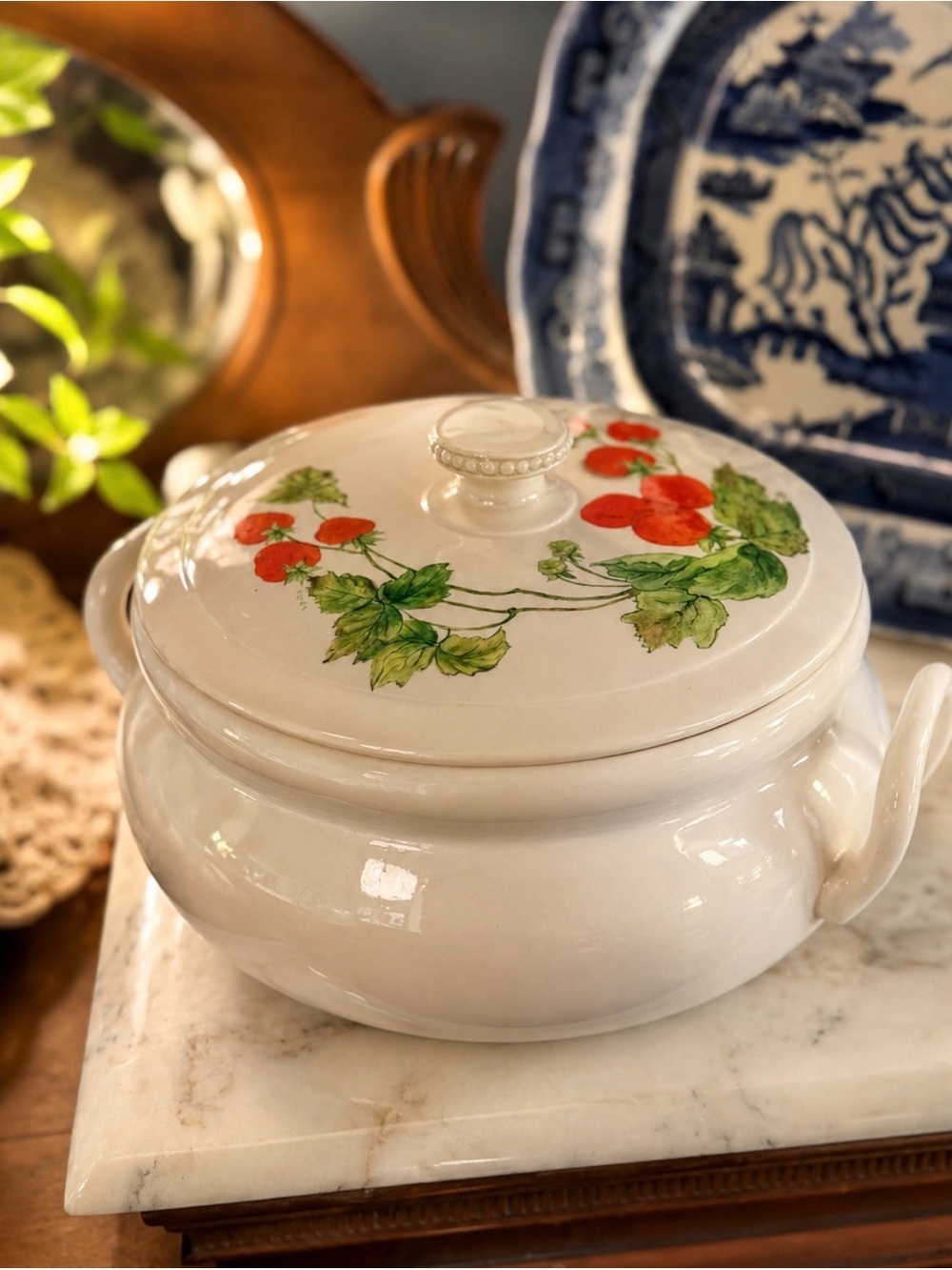 Vintage Large Hand-Painted Strawberry Covered Casserole Serving Dish Signed